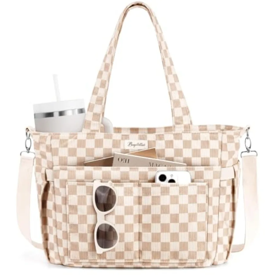 

Bagstellar Corduroy Tote Bag for Women 17 Pockets Laptop Work Tote Bag Lightweight Teacher Nurse Bible Bag for School Travel wi