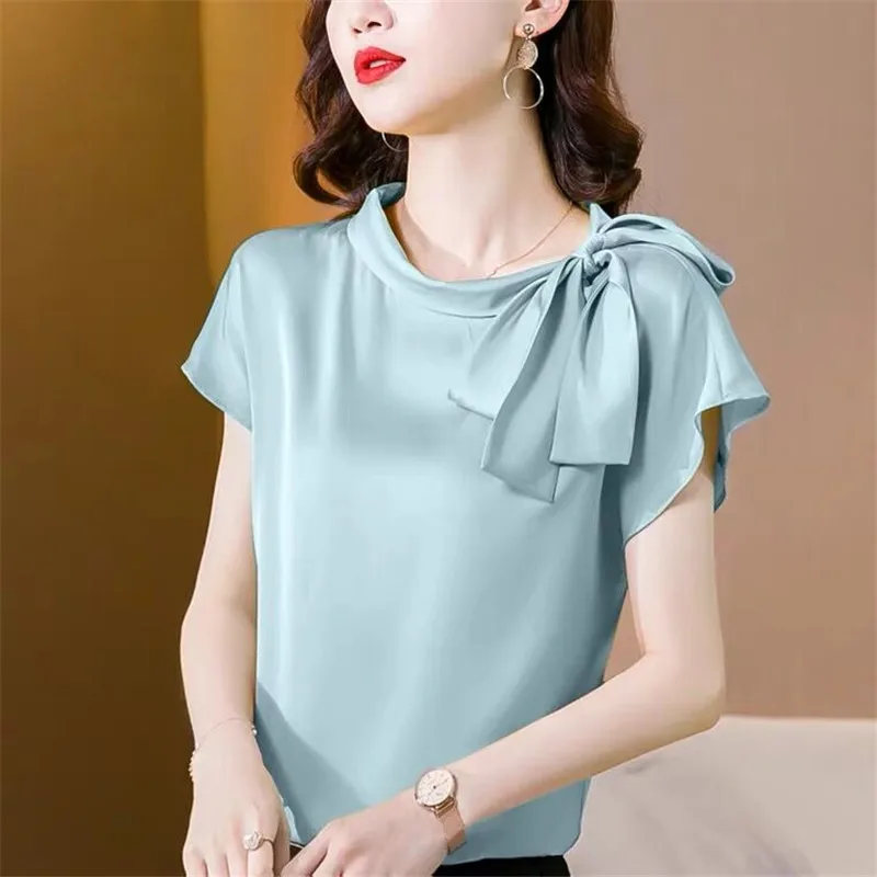 Büro dame Eis seide Shirts Frauen Vintage Chiffon Bluse Sommer Neue Acetat satin Hemd Elegante künstliche seide Bogen tops