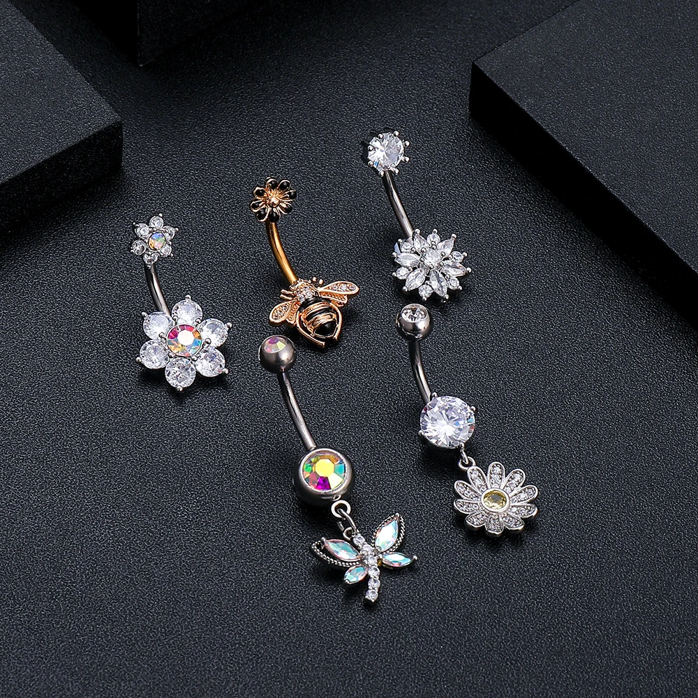 Mixed-style Sexy Belly Rings Sets Bee Butterfly Dangle Belly Piercing Bulk for Women Stainless Steel Cute Flower Navel Body Ring