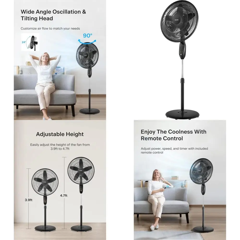 

18-дюймовый 5-лопастной осциллирующий вентилятор на подставке с пультом ДУ, LED-дисплеем, 5 скоростями, 7-часовым таймером, черный