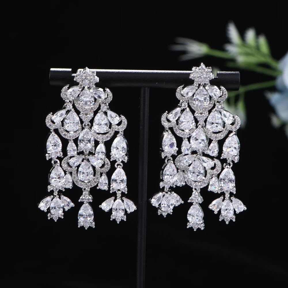 

Luxury Cubic Zirconia Women Irregular Flower Waterdrop Long Drop Tassels Earring Wedding Party Bridal Jewelry A0158