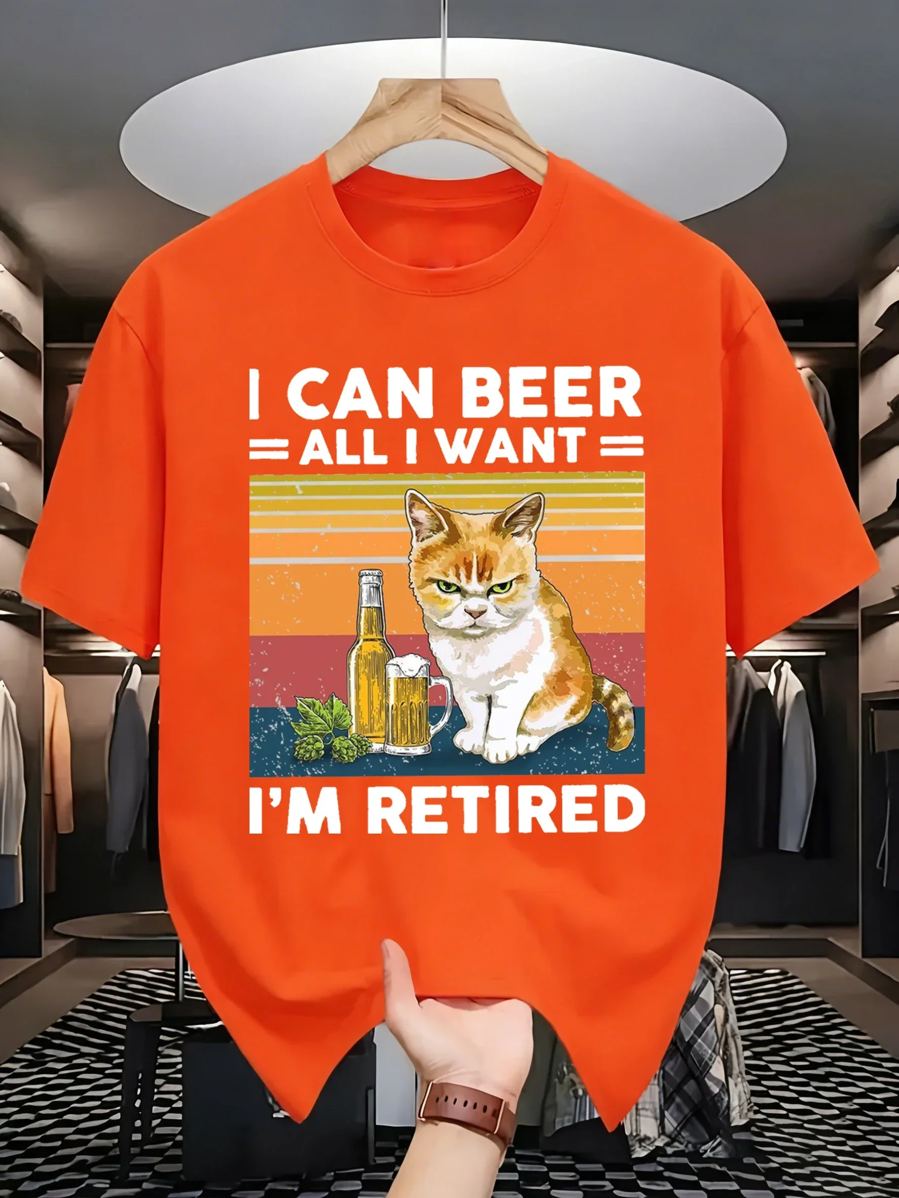 I Can Beer I Am Retired Design Basics Daily T-Shirt Man Cotton Soft T Shirts All-Match Summer Clothes Comfortable Loose Top