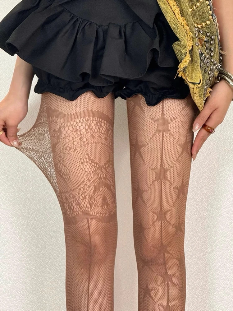 New Pattern Coffee Tights Y2K Spicy Girls AB Asymmetric Star Vintage Pantyhose Women Japanese Style Anti-snag Fishnet Stockings