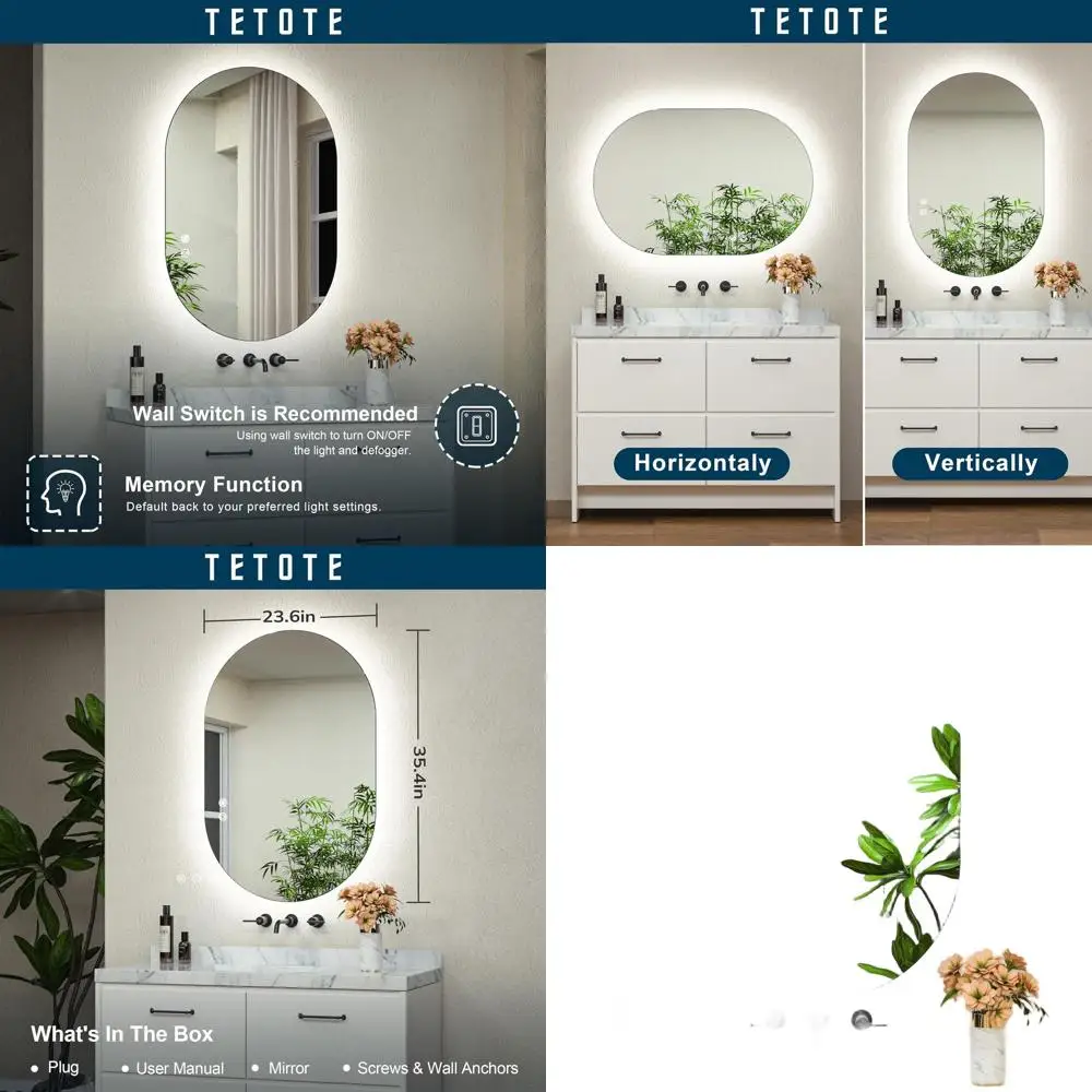 

Современное безрамное настенное зеркало с подсветкой, защитой от запотевания и регулировкой яркости, 24x36 дюймов, металлическая рама, для ванной комнаты