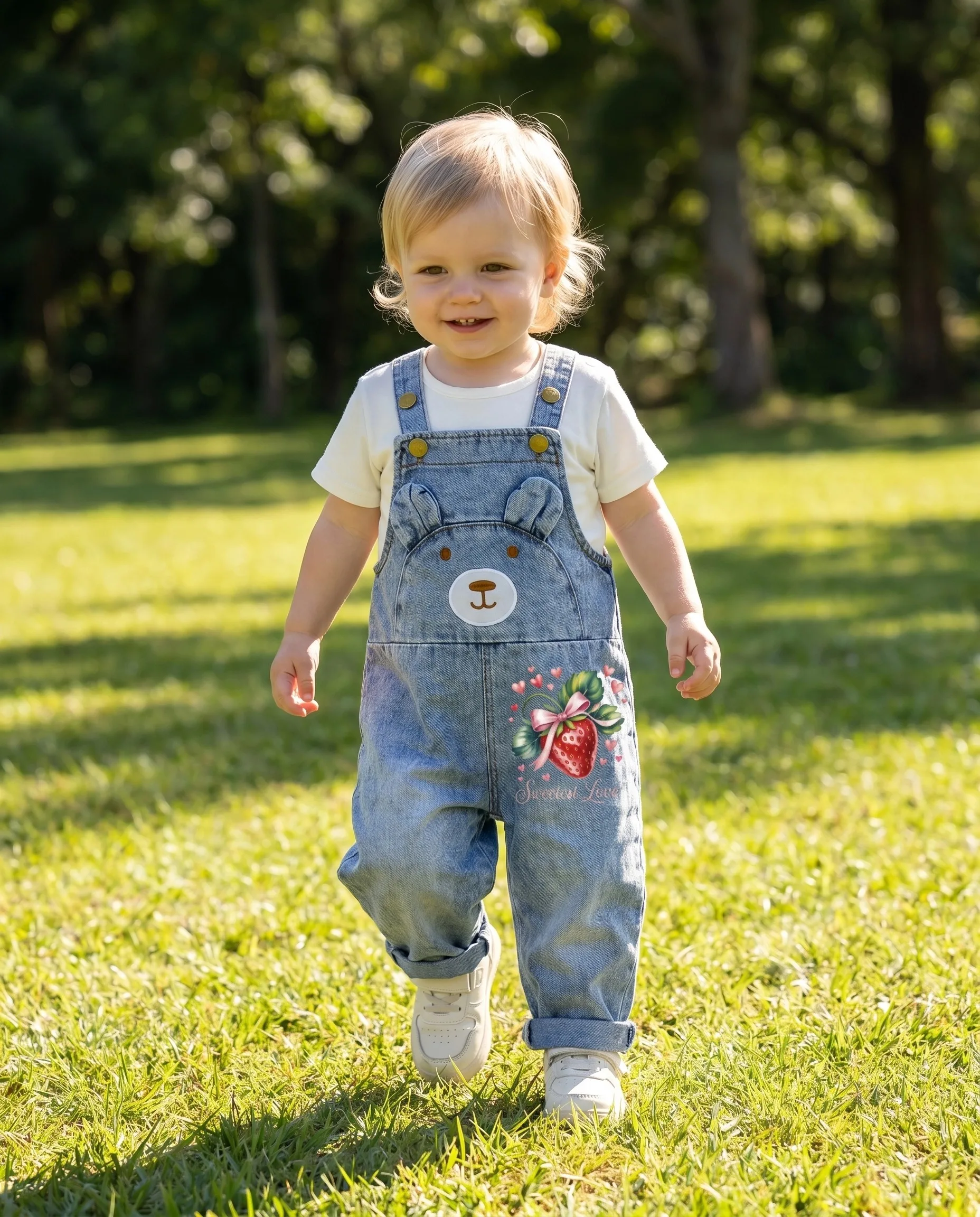 Frühling Sommer Baby Mädchen Jeans-Latzhose mit Bären- & Erdbeer-Print, Verstellbare Träger, Aufrollbare Bündchen, Lässige Spielkleidung für Kleinkinder – Detail 1