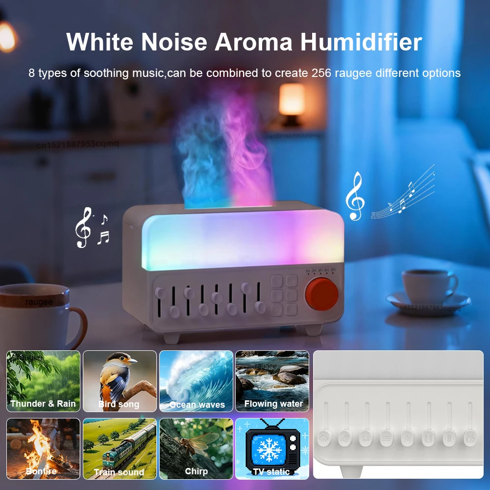 مرطب عطري يحاكي لهب الزيوت العطرية الناشر الروائح ضباب صانع مع بلوتوث الضوضاء البيضاء والضوء الليلي