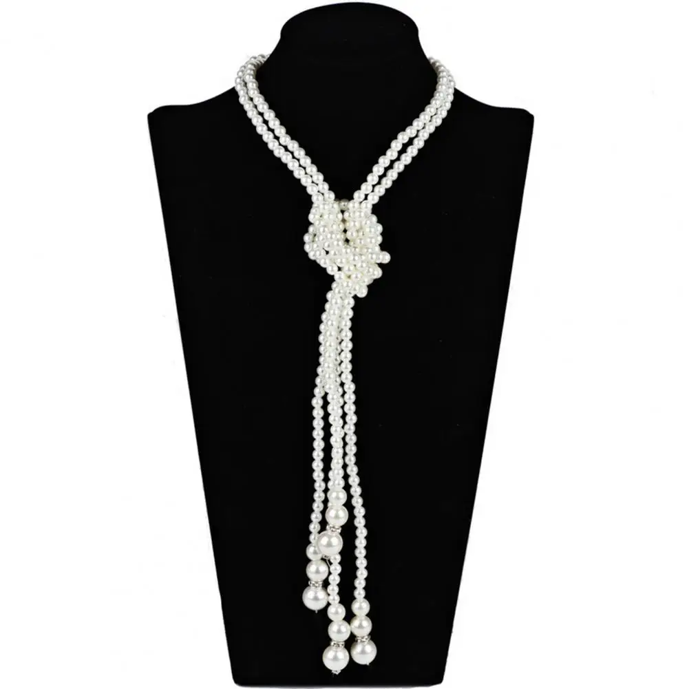 Long Pendant Necklace Elegant Double Layer Faux Pearl Sweater Necklace Long Pendant Jewelry Accessory for Women White Bead