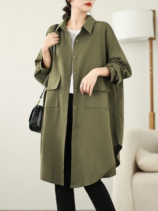 

Sli Mid-Length Women's irt Coat Spring Autumn Thin Outerwear Large Size Collar Long Sve Color Faionable
