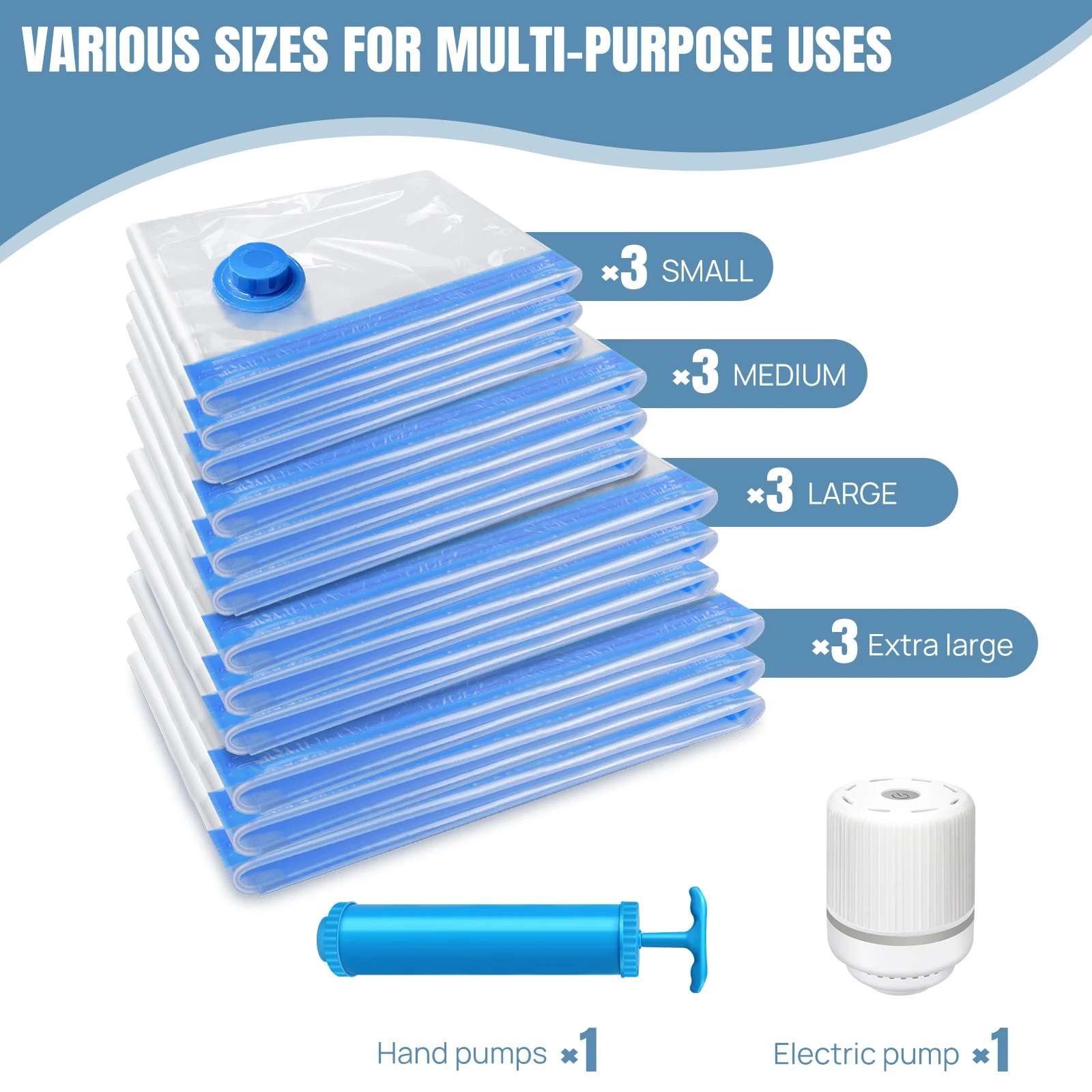 Sacs de rangement sous vide pour vêtements, paquet de 12, avec pompe à main électrique, sacs de compression peu encombrants pour les voyages et l'organisation de la maison
