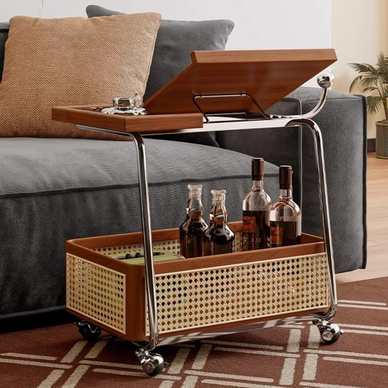 Mid-Century Storage Cart Mobile Rattan Side Table for Living Room Minimalist Kitchen Serving Trolley Multi-Purpose Utility Cart