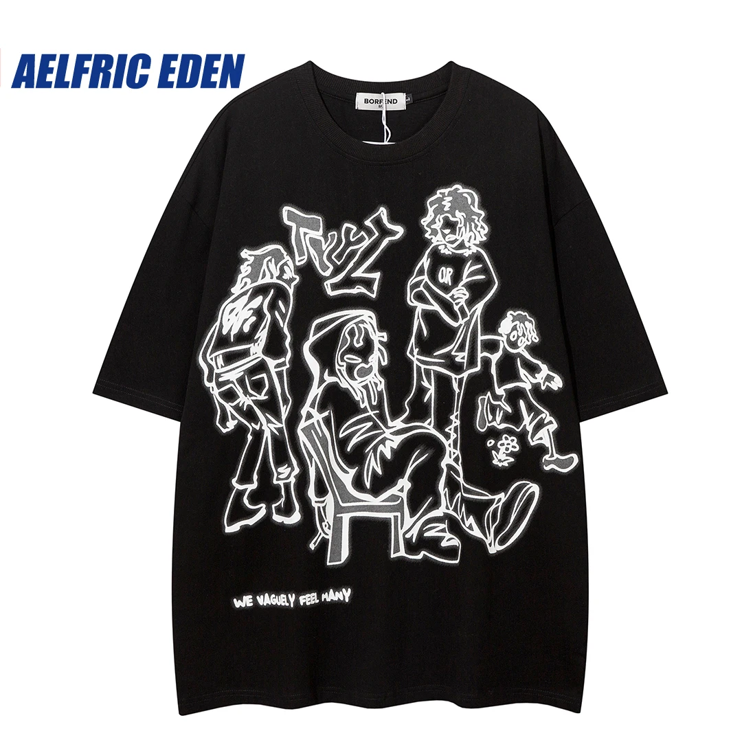 Aelfric Eden Mens Casual Y2K Cartoon Line Character Print T-shirts Harajuku Hip Hop Streetwear Anime Graphic Tshirts Cotton Tops