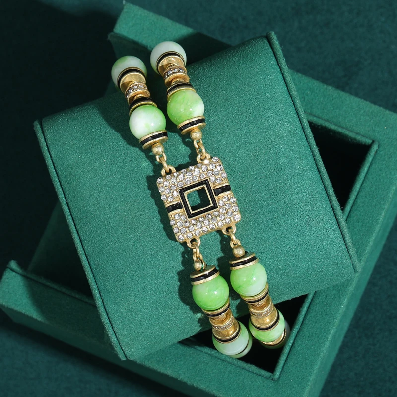 

Vintage Green Bead Charm Bracelet Crystal Circular Square Rhinestone Chain Bangle Summer Jewelry Antique Gold Color For Woman