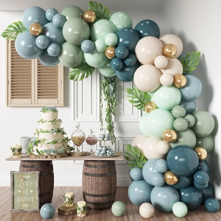 

Комплект арки воздушных шаров Dusty Blue Sage Green с шиферным туманом, синий пастель, зеленый, белый песок, бежевый, золотой, гирлянда из воздушных шаров для сафар джунглей
