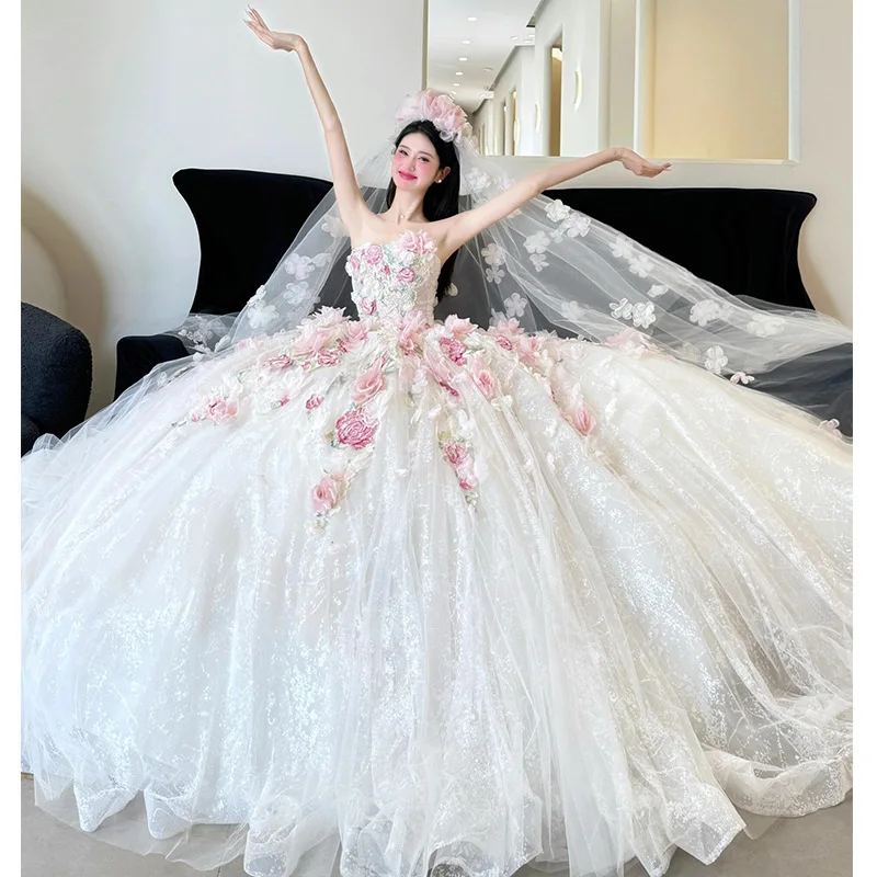 Romantic Flowers Corset Quinceanera Dresses Bridal 2025 New Pink Flower Dress Graduation Ball Gown Engagement Wedding Dress