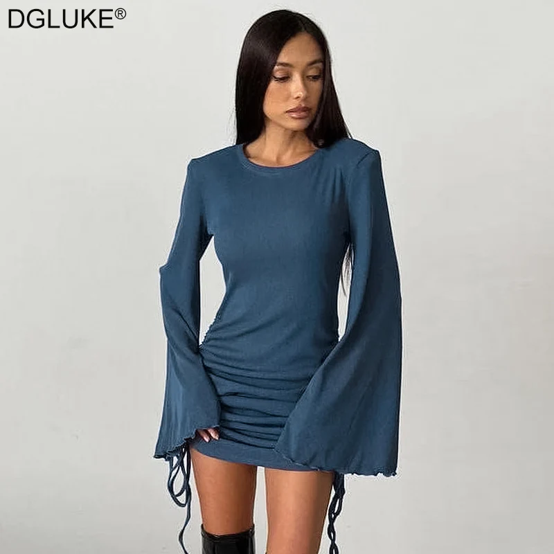 DGLUKE Flared Long Sleeve Mini Dress Women Ribbed Drawstring Ruched Bodycon Dress Sexy Autumn Short Dresses