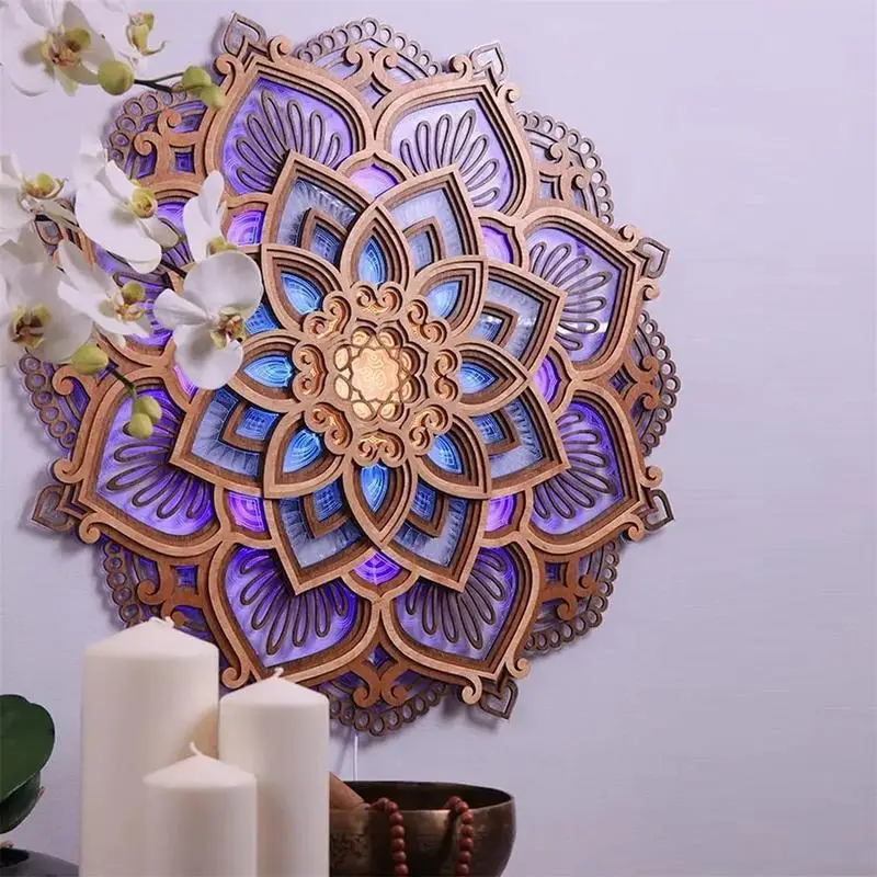 Luz LED esculpida da noite para Home Decor, 3D Criativo, Requintado Laser Cut, Atmosfera De Madeira, Mandala Pendurada Lâmpada, Sala de Yoga