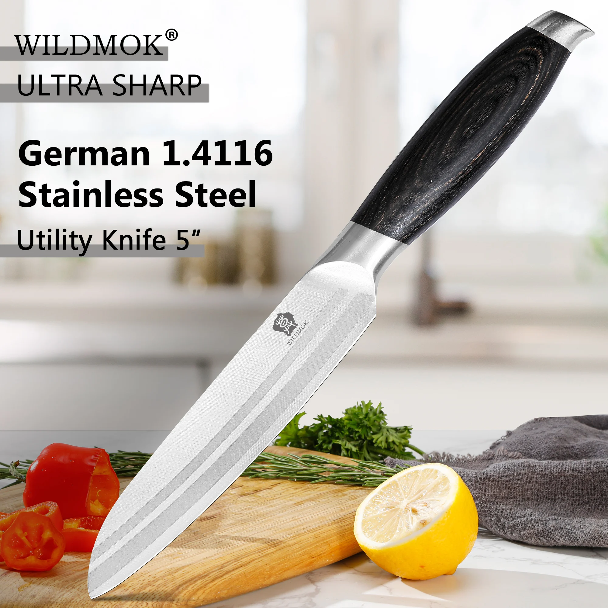 WILDMOK 5 Inch Utility Knife German Stainless Steel Fruit and Vegetable Cutting Knife with Pakkawood Handle