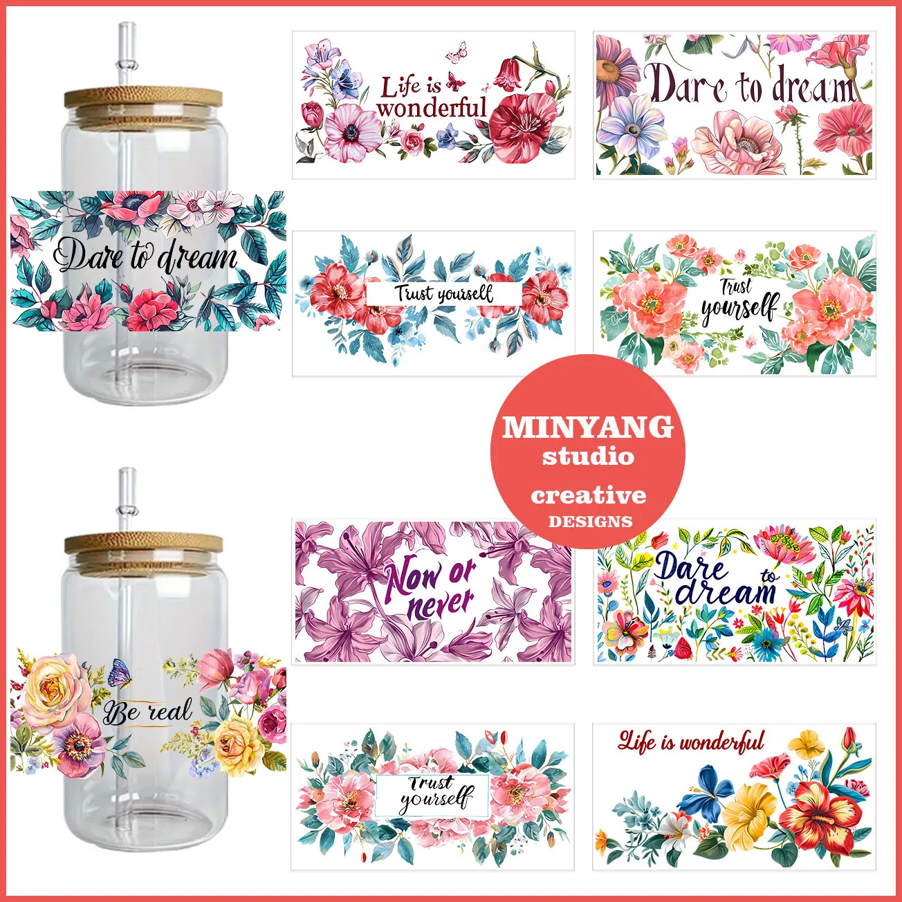 

Flower peel waterproof DIY Decals 3D transfers uvdtf crystal stickers 16oz uv dtf cup wraps for Libbey Glasses