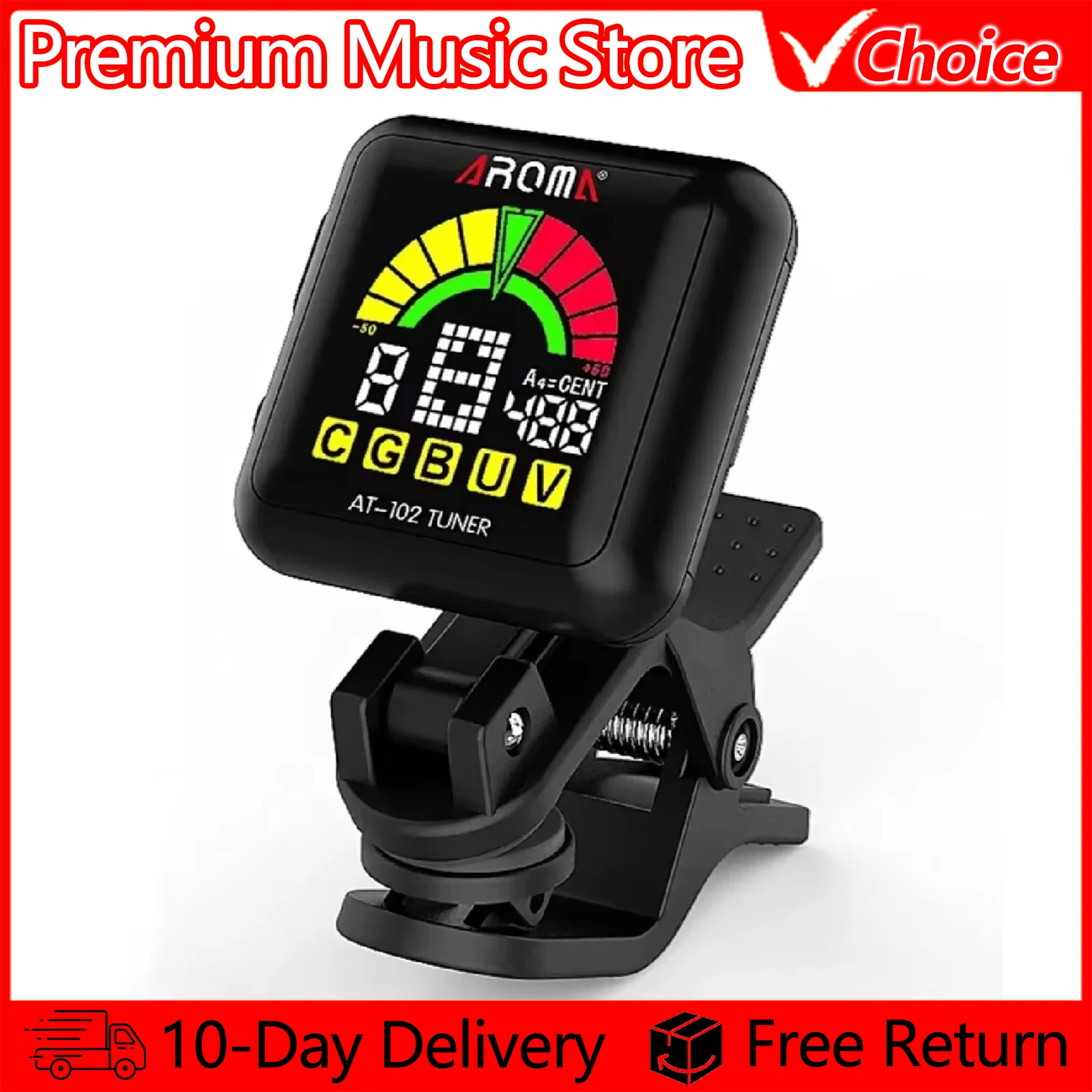 AROMA Guitar Tuner AT-102 Rechargeable Clip-on Guitar Tuner Color Screen with Built-in Battery USB Cable for Guitar Bass Ukulele