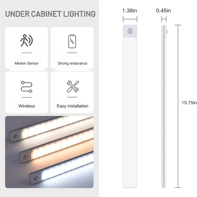 ABNO-مستشعر حركة LED للخزانة (2 قطعة)، 16 بوصة USB قابل لإعادة الشحن 80 مصباح LED ليلي للمطبخ، خزانة الملابس، المرآب، غرفة النوم