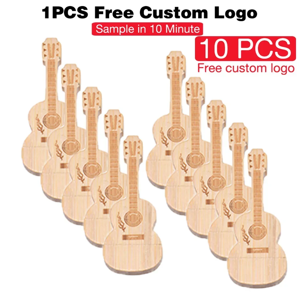 10 PCS LOT USB Flash Drives 128GB Wood Guitar Box Memory Stick 64GB Free Custom Logo Pen Drive 32GB Business Gift U Disk 16GB