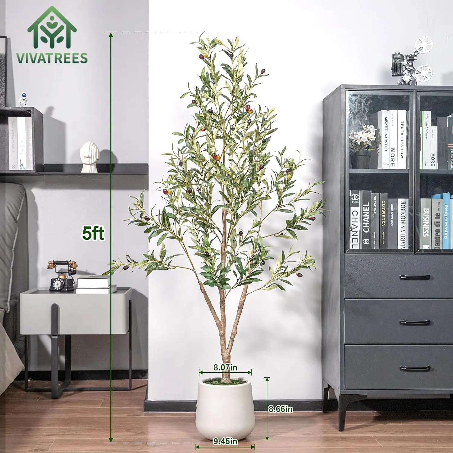 Olive Trees Artificial Indoor, 5FT Tall Faux Olive Tree with White Tall Planter, Artificial Plants with Natural Wood Trunk