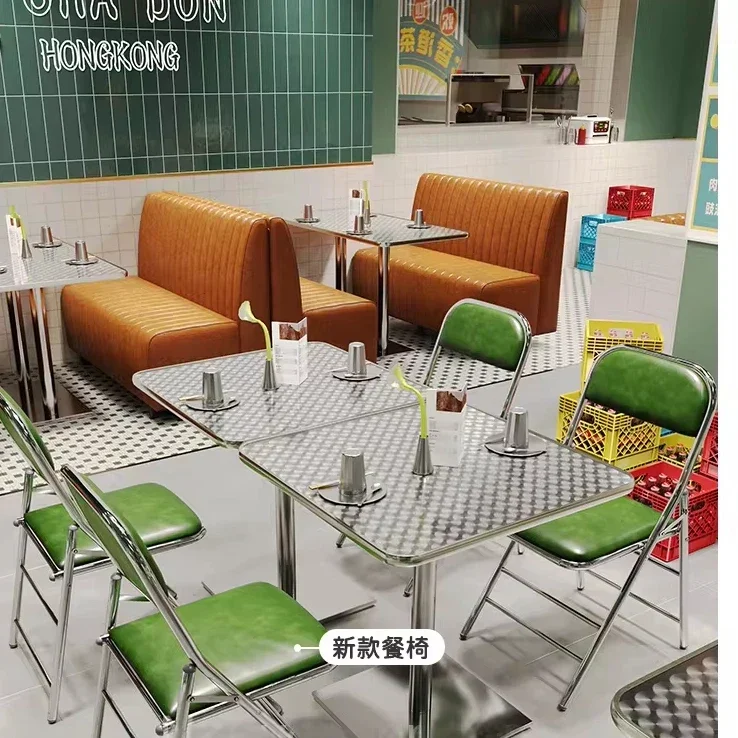 New Arrival Hong Kong Style Stainless steel Restaurant Cafe Furniture Green Dining Table with 4 and 2 Chair and  Booth Set