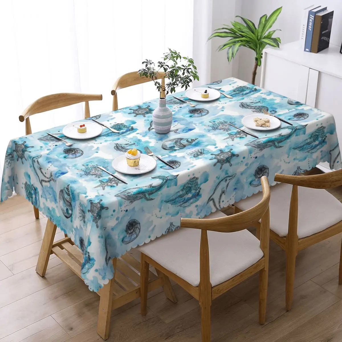 Watercolor Hand Painted Nautical Blue Digital Painting Bouquet Custom Rectangular Tablecloth Waterproof Table Cover Table Cloth