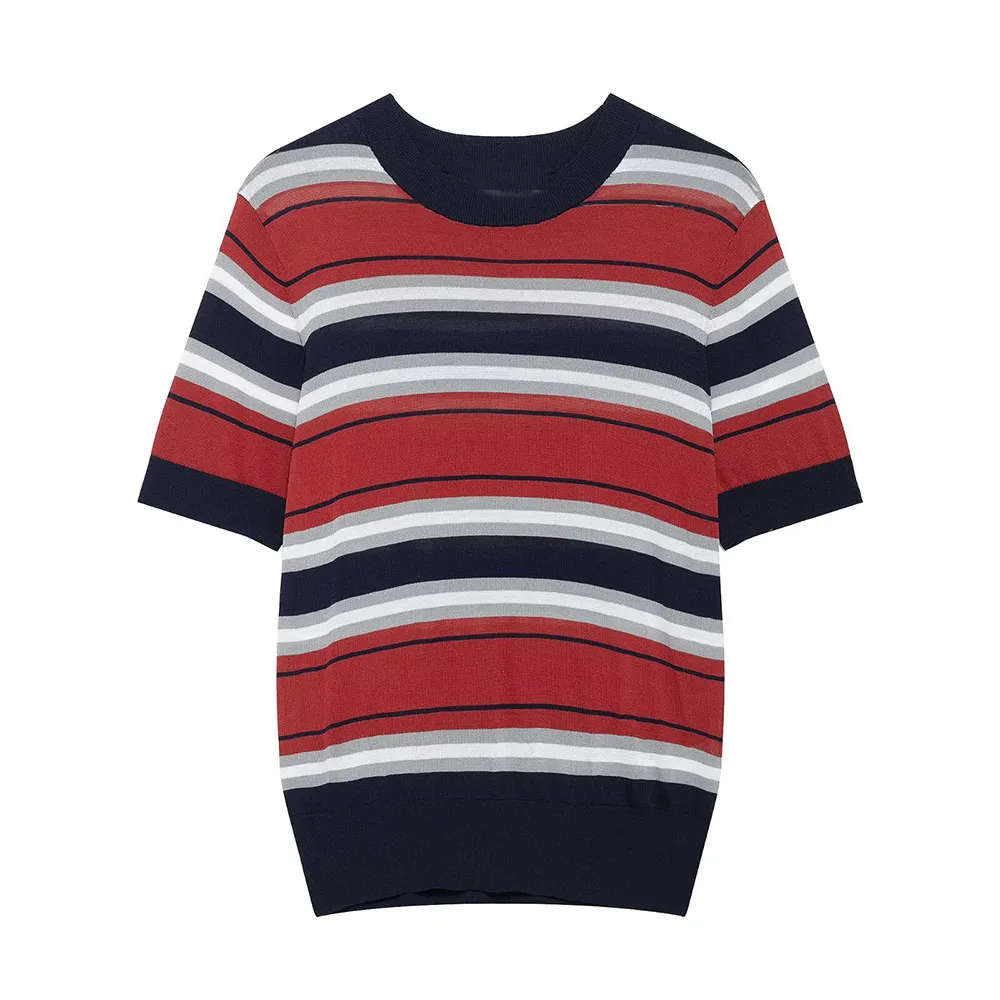 

TRAF Women 2025 Spring New Fashion Lazy Striped All-match Knit Retro Short-sleeved Chic Round Neck Casual T-shirt Top Mujer