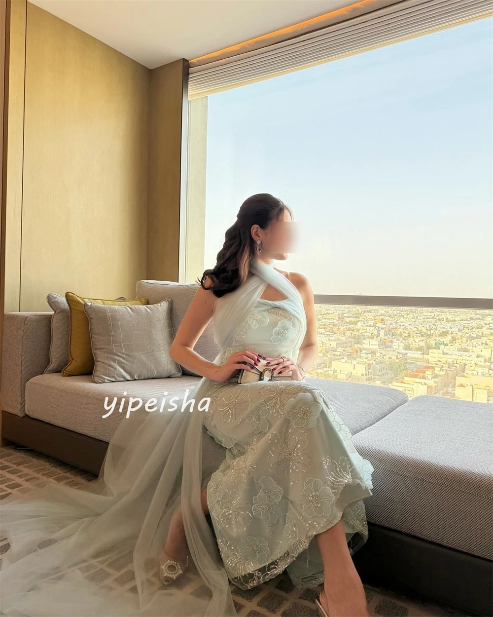 Customized Jersey Sequined Flower Beading Ruched Beach A-line Strapless Bespoke Occasion Gown Midi Dresses