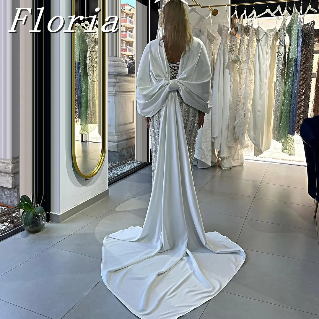

Luxury White Beaded Rhinestone Mermaid Gown 2025 Custom Detachable Bow Sleeves Handmade Evening Dress for Wedding Party