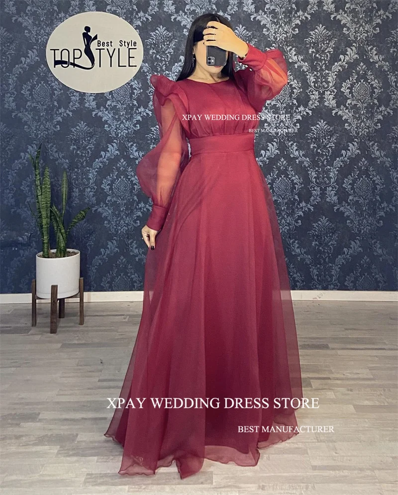 XPAY Modest Fuschia Organza Evening Dresses Dubai Arabic Women Jewel Neck Long Sleeves Formal Prom Gowns Occasion Mother Bride