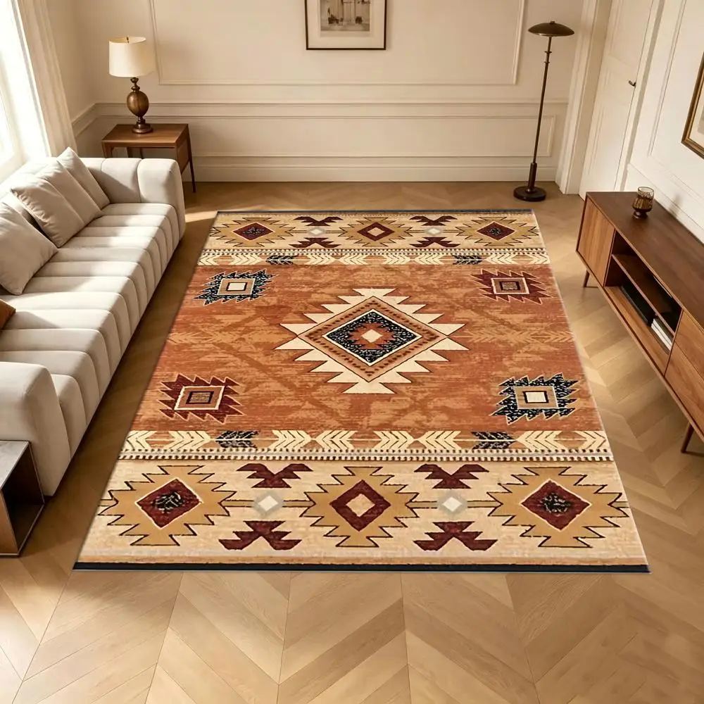 Southwestern Geometric Pattern Rug, Non-Slip Washable Vintage Tribal Rug, Suitable for Living Room Bedroom Home Decoration