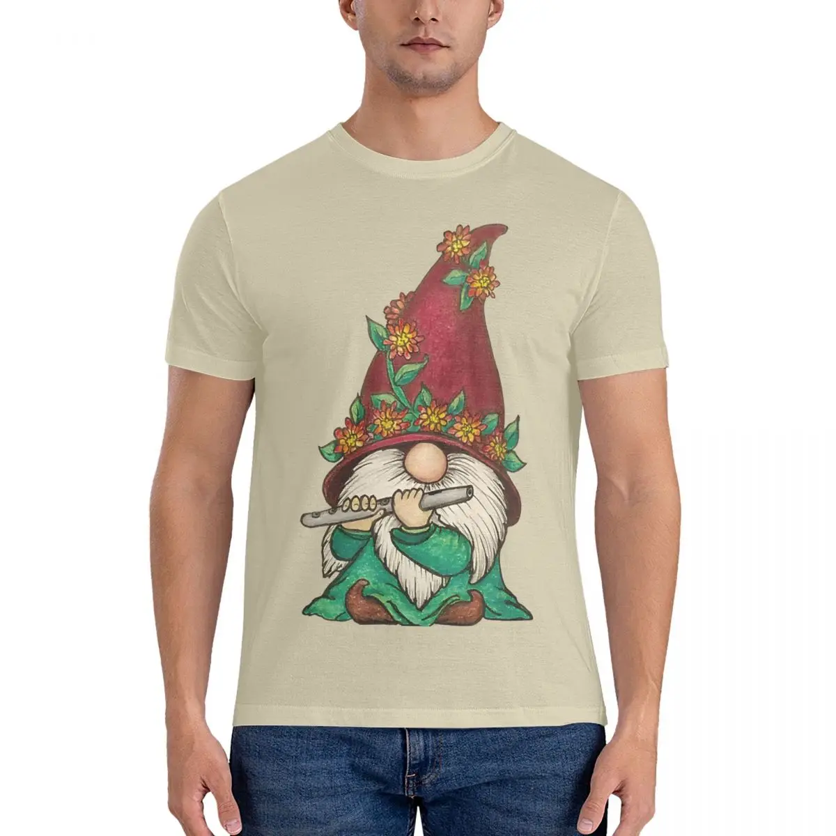 Men T-Shirts Gnome Playing The Flute Funny 100% Cotton Tee Shirt Short Sleeve Gnome T Shirts Crew Neck Tops Party