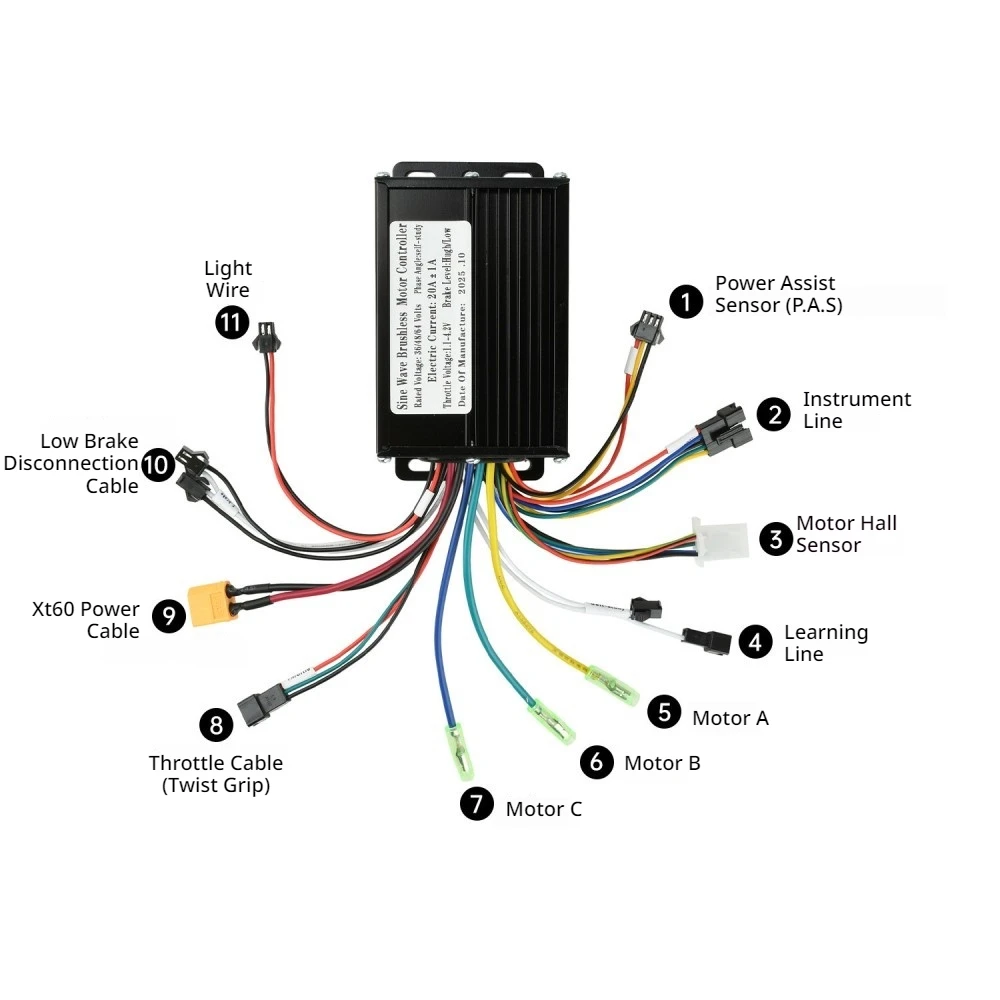 Electric Bike ​Brushless Motor Controller DC36V/48V/64V 750W-1500W Black Aluminum Alloy Sine Wave DC Electric Motor Controller
