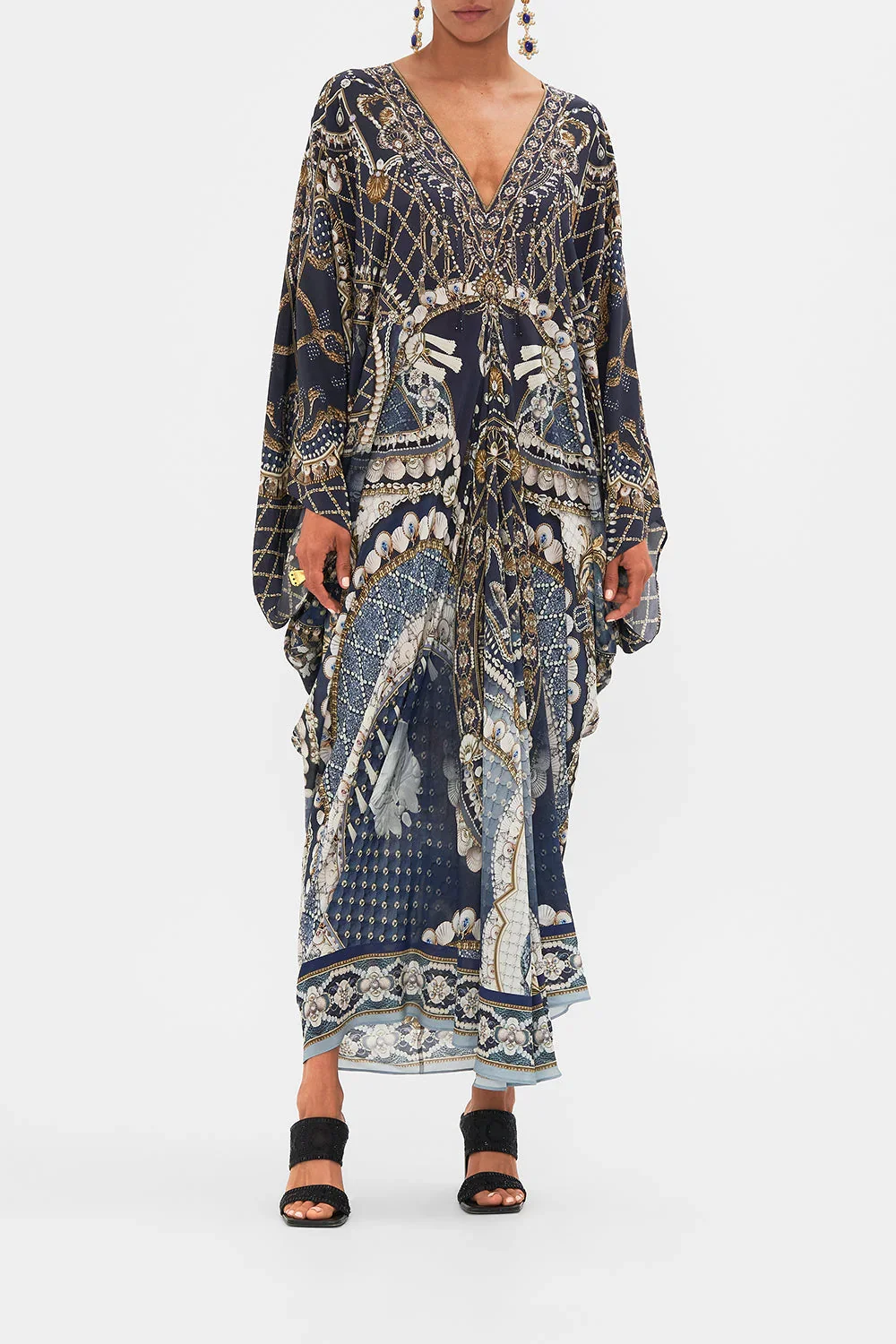 

Crystal Beaded Women Retro Maxi Dress Print V-Neck Batwing Sleeve Loose 100% Silk Robe