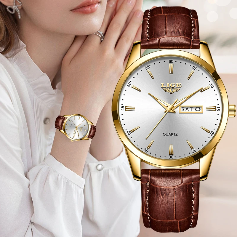 

Женские часы LIGE 2026: элегантные, простые, водонепроницаемые, модные, с еженедельным календарем, кожаным ремешком, светящимися элементами.