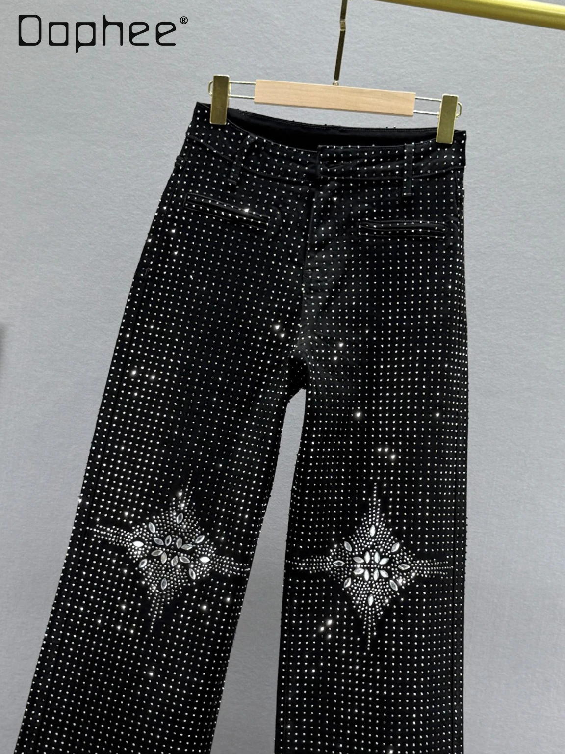 

Heavy Industry Rhinestone Jeans for Women Trendy 2025 Autumn New High Waist Loose Slimming European Style Fashion Wide Leg Pants