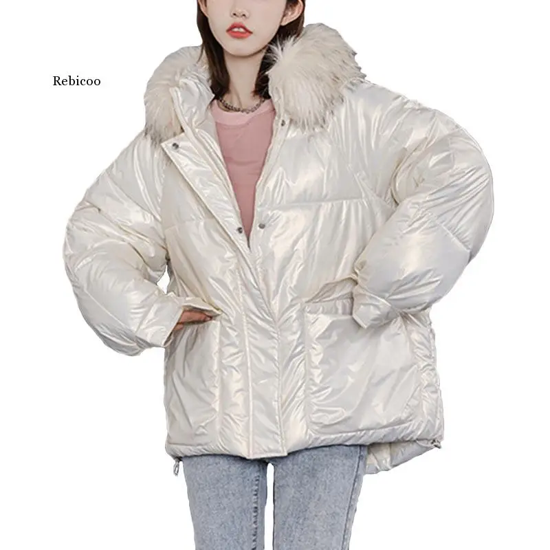 

Glossy Jacket Metallic Color Winter Women Cotton Furry Collar Hooded Long Sleeve Thick Warm Basic Loose Lady Coat Chic New