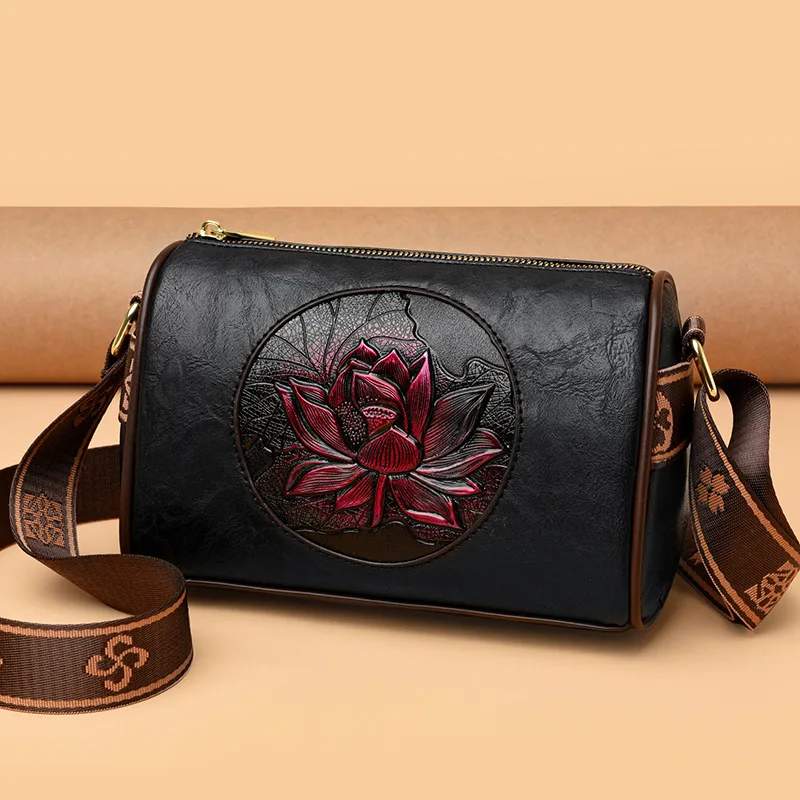 Women Vintage Embossed Red Rose 3d Floral Cylinder Crossbody Bag Ethnic Chic Mini Shoulder Phone Purse