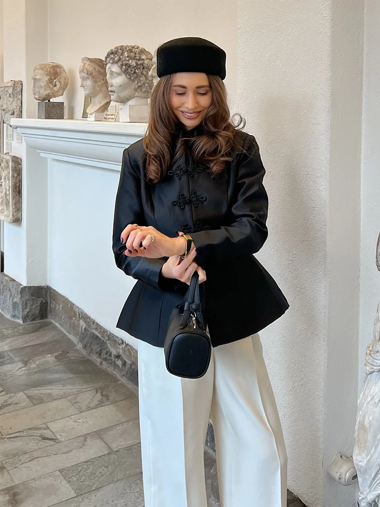 

Elegant Satin Buttoned Casual Coat Women Chic Round Neck Single Breasted Cinched-waist Jacket 2026 Lady Commute Street Outwear