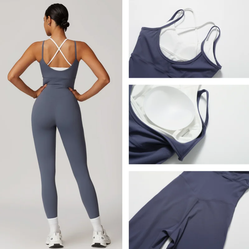 Backless Color-blocking Suspenders Yoga Jumpsuit Legging Bra Set Women for Gym Sportswear Fitness One Piece Sport Workout Suit