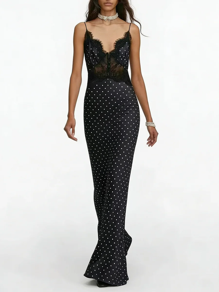 VGH Vintage Black Polka Dot Spaghetti Strap Maxi Dress for Women V Neck Spliced Sheer Lace Mermaid Skirt for Galas Red Carpet - view 2