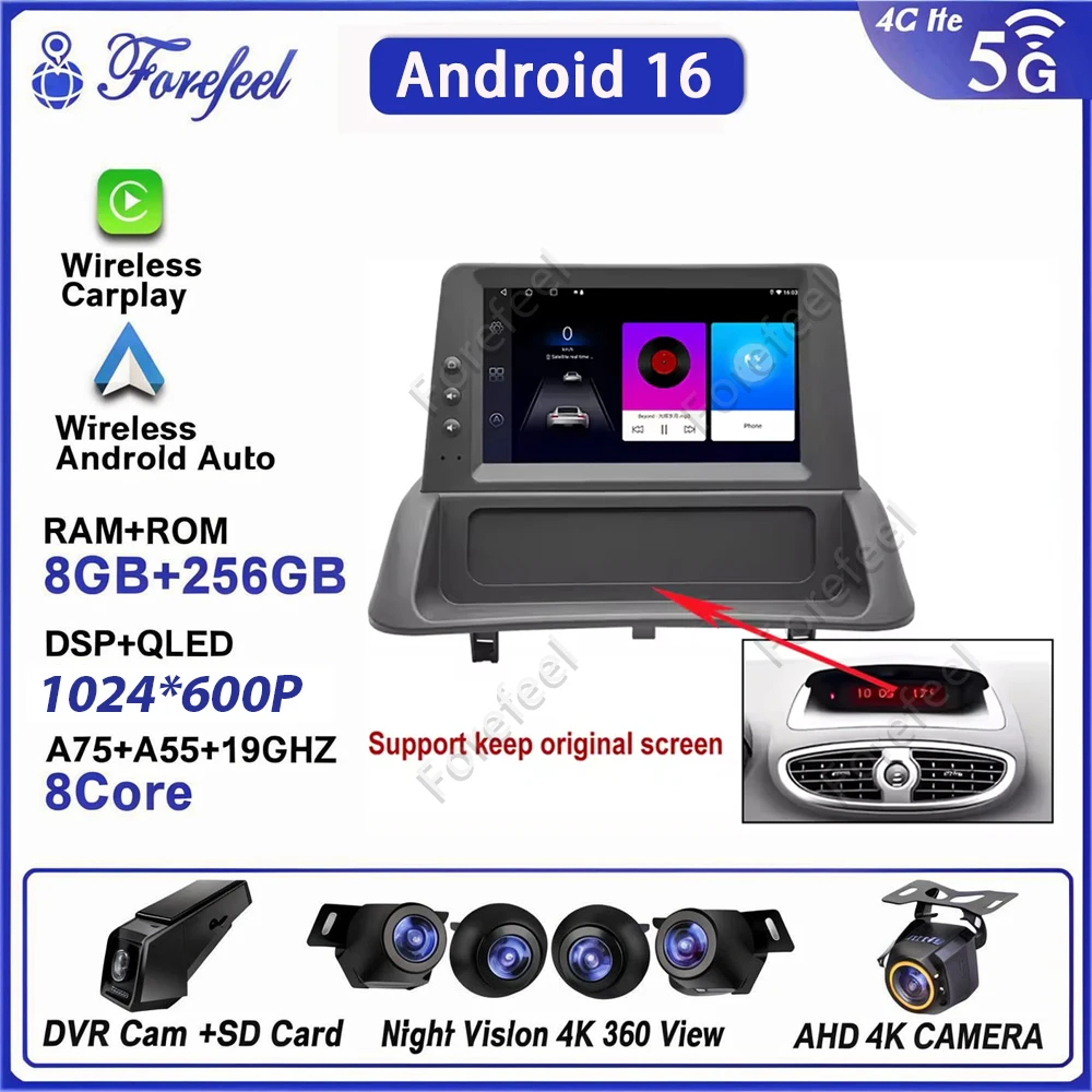 Rádio Automotivo 2K Android 16 para Carro 7” para Renault Clio 3 2005 - 2014, Reprodutor Multimídia com Tela Sensível ao Toque, Navegação GPS, Unidade Principal e Câmera de Painel