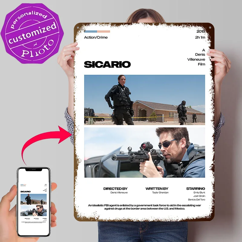 Sicario Movie Personalized 3D Textured Metal Poster Wall Art Vintage Tin Signs for Room Decorating Interior Home and Decoration