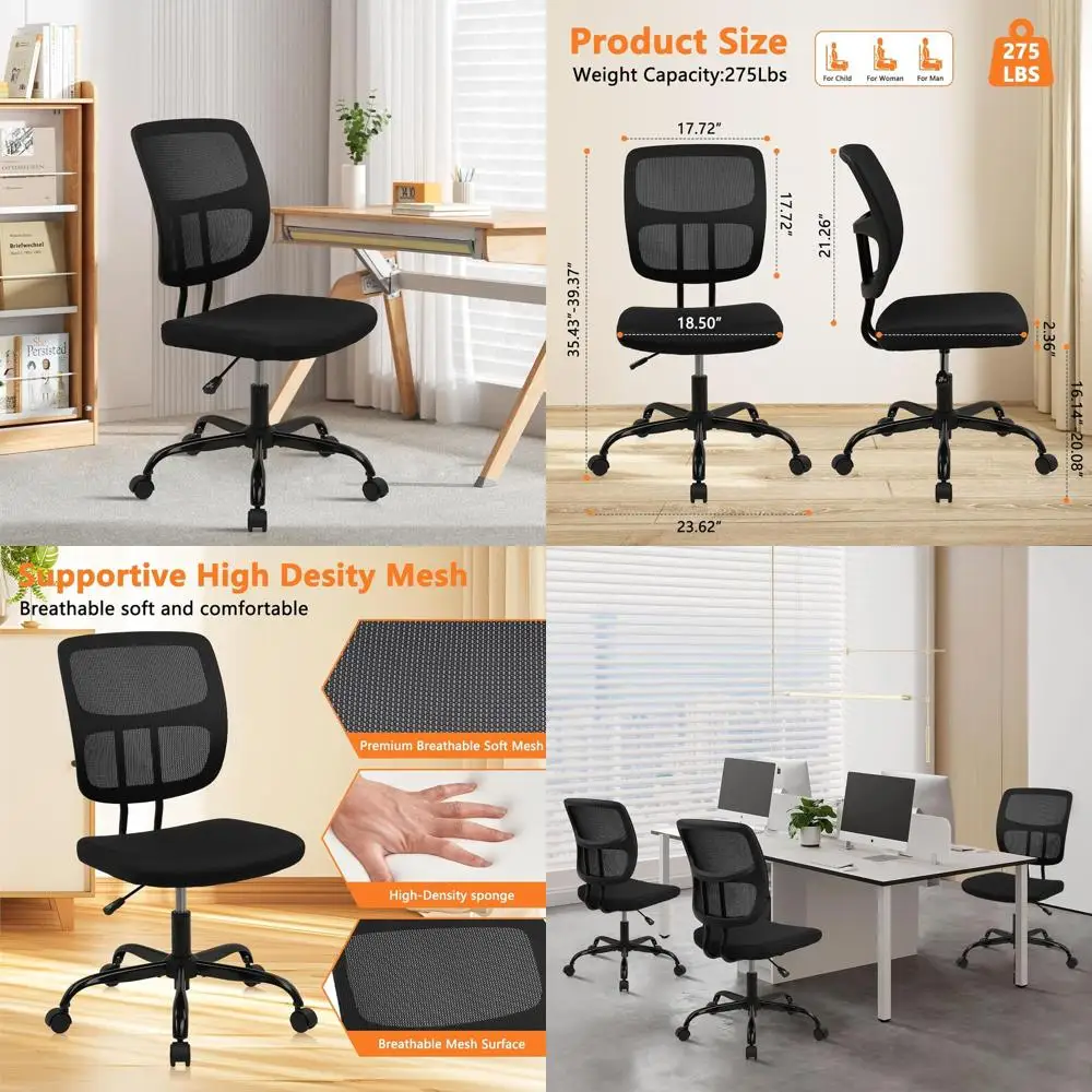 

Ergonomic Swivel Office Chair with Wheels, Adjustable Height, Mesh Back, for Small Desks (Black)