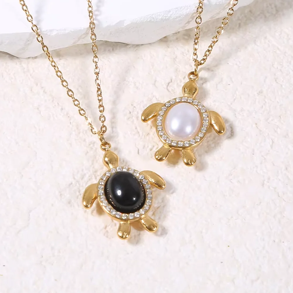 

Stainless Steel Turtle Shaped Pendant Necklace Inlaid with Diamonds and Stones Women Daily Wear Necklaces Jewelry Gift