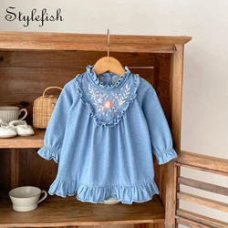 Autumn new style 0-3 years old baby clothes baby girl flower embroidery denim skirt Western style all-match girl dress