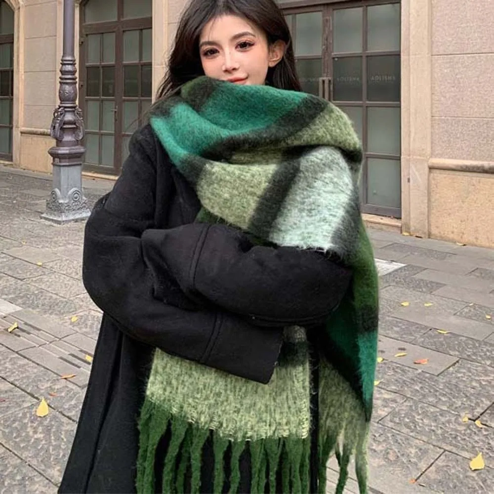 Chunky Neckwear Thick Winter Scarves Thermal Windproof Tassel Shawls Soft Washable Plaid Mufflers Chilly Street