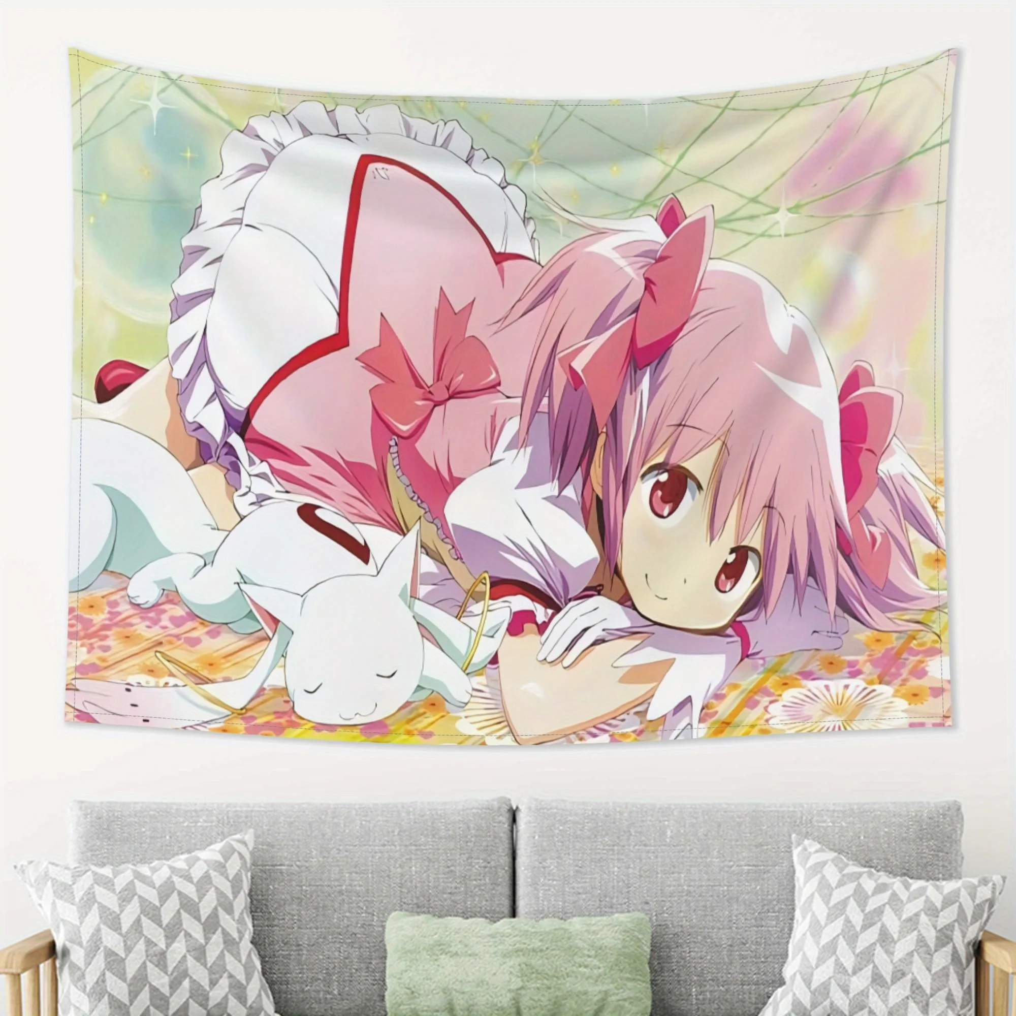 Puella Magi Madoka Magica Wandteppich - Lebendiger Anime-Wandbehang, Rosa-Haariges Mädchen & Weißer Hase, für Heim- und Anime-Raumdekoration